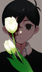  1boy antenna_hair black_eyes black_hair black_sweater_vest blood blood_on_face closed_mouth collared_shirt commentary_request double-parted_bangs expressionless flower grey_background hair_between_eyes highres kanten_pan looking_at_viewer omori red_pupils shirt short_hair simple_background solo sunny_(omori) sweater_vest tulip upper_body white_flower white_shirt white_tulip 