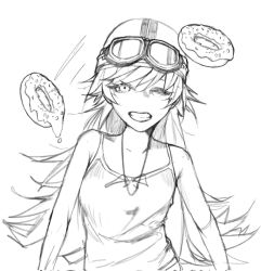  1girl bare_arms bare_shoulders commentary doughnut dress food greyscale helmet highres lineart long_hair looking_at_viewer monochrome one_eye_closed oshino_shinobu pilot_helmet shirt sketch sleeveless sleeveless_shirt smile spiky_hair sum_ten10 white_dress 