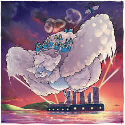  altaria black_eyes border bubble bubble_wand character_kite closed_mouth clouds commentary_request froakie highres holding how_long kite kite_flying mega_altaria mega_pokemon no_humans outdoors pokemon pokemon_(creature) revision riding riding_pokemon sky swablu sweatdrop twilight water white_border 