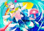  achiki aqua_eyes aqua_hair flower flowers hair_flower hair_ornament hatsune_miku hello_planet_(vocaloid) highres long_hair looking_at_viewer pot skirt smile solo thighhighs twintails very_long_hair vocaloid wings 