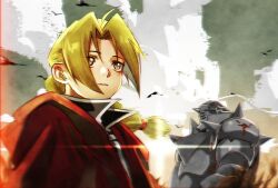  2boys absurdres ahoge alphonse_elric armor black_jacket blonde_hair braid brothers coat edward_elric full_armor fullmetal_alchemist hair_tie highres horns jacket long_hair male_focus multiple_boys parted_bangs parted_lips plate_armor plume red_coat shoulder_spikes siblings single_braid single_horn spikes upper_body yellow_eyes youritai 