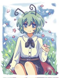  1girl antennae ascot belt black_ascot black_cape black_shorts blue_flower blue_sky blush border buttons cape cherry_blossoms collared_shirt commentary corrupted_twitter_file dandelion_seed flower grass green_eyes green_hair hashtag-only_commentary highres long_sleeves looking_at_viewer on_ground pink_flower red_cape shirt shirt_tucked_in short_hair shorts silverrain sitting sky smile solo touhou two-sided_cape two-sided_fabric white_border white_shirt wriggle_nightbug yellow_flower 