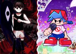  2boys :| antenna_hair arm_at_side aubrey_(faraway)_(omori) aubrey_(headspace)_(omori) aubrey_(omori) backwards_hat bare_arms bare_shoulders baseball_cap basil_(faraway)_(omori) basil_(headspace)_(omori) basil_(omori) bench big_yellow_cat_(omori) black_background black_eyes black_hair black_tank_top blue_flower blue_hair blue_pants blue_sky blurry blurry_foreground boyfriend_(friday_night_funkin') closed_mouth collarbone colored_extremities colored_skin column_lineup commentary crossover day denim depth_of_field double-parted_bangs empty_eyes english_commentary expressionless extra_arms feet_out_of_frame fewer_digits floral_background flower flower_wreath friday_night_funkin' frown full_body green_flower hair_behind_ear hair_between_eyes hand_up hat hatching_(texture) head_wreath hero_(headspace)_(omori) hero_(omori) highres holding holding_knife holding_microphone jeans kel_(faraway)_(omori) kel_(headspace)_(omori) kel_(omori) kneehighs knife looking_at_viewer male_focus mari_(headspace)_(omori) mari_(omori) microphone multiple_boys no_nose no_pupils omori omori_(omori) outdoors outline pants park_bench pasuta928008 petals photo_(object) pink_flower pink_petals pinstripe_shorts purple_sky red_flower red_hands red_hat red_shoes shirt shoes short_hair short_sleeves shorts simple_background sky socks solid_oval_eyes something_(omori) standing straight-on sunny_(omori) swept_bangs t-shirt tank_top tareme toon_(style) tree v-shaped_eyebrows very_short_hair white_outline white_shirt white_shorts white_skin wooden_bench yellow_flower 