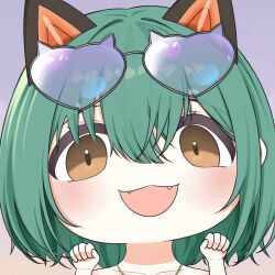 1girl animal_ears azur_lane cat_pose fangs open_mouth pose quancy short_hair sunglasses sunglasses_on_head