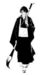  1girl asymmetrical_bangs cross_tattoo facial_tattoo full_body giant_brush greyscale haori highres holding holding_brush holding_prayer_beads japanese_clothes kagurabachi kimono monochrome sandals short_hair simple_background solo straight-on sumi_(kagurabachi) tattoo yunkai 