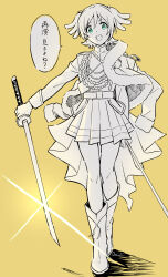  1girl :d aiguillette arm_at_side artist_name badge belt belt_buckle boots buckle commentary_request daiba_nana dual_wielding epaulettes full_body fur-trimmed_jacket fur_trim glint green_eyes greyscale_with_colored_background hair_between_eyes hair_ribbon highres holding jacket jacket_on_shoulders long_sleeves miniskirt omsubi open_mouth outstretched_arm pleated_skirt ribbon sash short_hair shoujo_kageki_revue_starlight shoulder_sash simple_background skirt smile solo speech_bubble spot_color star_(symbol) tassel translation_request two_side_up waist_cape walking yellow_background 
