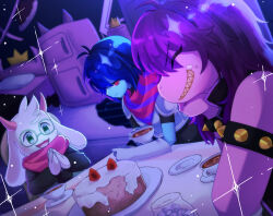  1boy 1girl 1other alternate_eye_color androgynous animal_ears bed blue_hair blue_skin bracelet closed_eyes closed_mouth colored_skin colored_teeth commentary_request cuirass cup deltarune fangs food food_on_face fruit furry furry_female furry_male glasses gloves green-framed_eyewear green_eyes grin highres holding holding_cup horns indoors jewelry kris_(dark_world)_(deltarune) kris_(deltarune) long_sleeves looking_at_another open_mouth own_hands_together pink_scarf plate purple_hair purple_skin ralsei red_eyes refrigerator round_eyewear scarf sharp_teeth short_hair short_sleeves smile spiked_bracelet spikes strawberry susie_(dark_world)_(deltarune) susie_(deltarune) teacup teeth the_fun_gang tongue utdr_(toby_fox) white_gloves yellow_teeth yoshino_(q_sci) 