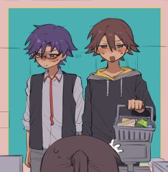  1girl 2boys black-framed_eyewear black_hoodie black_vest blue_eyes blue_hair blush brown_eyes brown_hair casual chaos;child chirp_co2 comedic_sweatdrop commentary_request dress_shirt glasses grey_pants highres holding hood hoodie implied_yaoi indoors itou_shinji_(chaos;child) male_focus miyashiro_takuru multiple_boys nervous_sweating open_clothes open_mouth open_vest pants ponytail science_adventure shirt shopping short_hair sweat vest white_shirt 