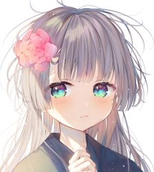  1girl aimi_(mimi_nii2) backlighting black_kimono blunt_bangs blunt_sidelocks blush closed_mouth cutout_eyelashes expressionless eyes_visible_through_hair flower grey_hair hair_flower hair_ornament hand_up highres japanese_clothes kimono light_frown light_particles long_hair looking_at_viewer original pink_flower pink_rose portrait raised_eyebrows rose sidelocks simple_background solo tareme white_background 