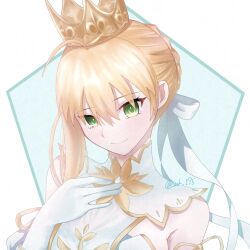  1girl adversarial_noise armpit_crease artoria_pendragon_(fate) blonde_hair braid breasts commentary_request crown eyes_visible_through_hair fate/grand_order fate_(series) gloves green_eyes hair_ribbon highres lord_logres_(fate) lord_logres_(second_ascension)_(fate) medium_breasts portrait ribbon smile solo suk_195 twitter_username white_gloves 
