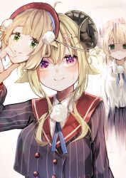  2girls absurdres adjusting_mask beret blonde_hair blue_ribbon breasts buttons character_mask closed_mouth collared_shirt commentary_request cosplay double-breasted empty_eyes green_eyes grey_jacket grey_skirt hair_ornament hair_rings hat highres hololive horns indie_virtual_youtuber jacket large_breasts mask multiple_girls neck_ribbon nervous_smile nervous_sweating pleated_skirt pom_pom_(clothes) pom_pom_hair_ornament red_hat red_sailor_collar ribbon sailor_collar shaded_face sheep_girl sheep_horns shigure_ui_(1st_costume)_(vtuber) shigure_ui_(vtuber) shigure_ui_(vtuber)_(cosplay) shirt short_hair simple_background skirt smile striped_clothes striped_jacket sweat tsunomaki_watame vertical-striped_clothes vertical-striped_jacket violet_eyes virtual_youtuber white_background white_shirt yuzuno_wagiri 