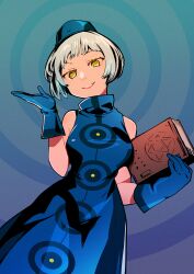  1girl absurdres atlus bare_shoulders blonde_hair blue_dress blue_gloves blue_hat bob_cut book commentary dress elizabeth_(persona) gloves hat highres holding holding_book kyougetsu_(junrai) looking_at_viewer patterned_background persona persona_3 short_hair sleeveless sleeveless_dress smile untranslatable_commentary yellow_eyes 