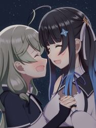  2girls :d ^_^ ahoge assault_lily black_hair black_ribbon blue_flower blue_hair blunt_bangs breasts closed_eyes collared_shirt commentary_request cropped_jacket detached_sleeves face-to-face facing_another flower frilled_shirt frilled_shirt_collar frills gradient_hair grey_hair hair_flower hair_ornament hair_ribbon highres holding_hands hood hood_down interlocked_fingers kanabako_misora long_hair long_sleeves medium_breasts mozuna_noa multicolored_hair multiple_girls neck_ribbon night open_mouth outdoors profile purple_ribbon puru_(pru_azucena) ribbon school_uniform shirt sleeveless sleeveless_shirt sleeves_past_wrists smile star_(sky) suspenders tearing_up two-tone_hair upper_body white_ribbon white_shirt yuri yurigaoka_girls_academy_school_uniform 
