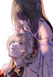  2girls bare_shoulders black_collar black_hair black_sleeves blue_eyes bonnet brown_hair closed_mouth collar columbina_(genshin_impact) crying detached_collar detached_sleeves dress genshin_impact hair_ribbon head_on_chest headdress highres innagaja korean_commentary leaning_back long_hair long_sidelocks long_sleeves looking_at_another looking_down looking_up multicolored_hair multiple_girls purple_hair purple_streaks ribbon sandrone_(genshin_impact) short_hair_with_long_locks sidelocks streaked_hair tears two-tone_hair very_long_hair white_background white_dress white_headdress yuri 