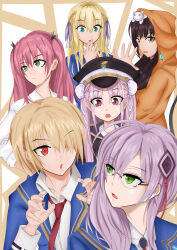  6+girls absurdres aikawa_megumi asakura_karen_(heaven_burns_red) brown_hair commentary_request green_eyes hair_ornament hair_ribbon hairpin hat heaven_burns_red highres izumi_yuki_(heaven_burns_red) kayamori_ruka kunimi_tama long_hair multiple_girls pink_eyes red_eyes ribbon sailor_hat short_hair team_31a_(heaven_burns_red) toujou_tsukasa user_xtpp7383 yellow_eyes 
