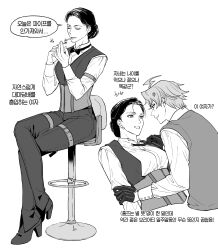  1boy 1girl ahoge anger_vein arm_strap bow bowtie braid breasts cigarette commentary_request corset crossed_legs fate/grand_order fate_(series) genderswap genderswap_(mtf) gloves greyscale gyogyo_hjj half_gloves high_heels highres holding_matchstick james_moriarty_(ruler)_(fate) korean_commentary korean_text lighting_cigarette medium_breasts monochrome sherlock_holmes_(fate) smoking stool thigh_strap traditional_bowtie translation_request vest 