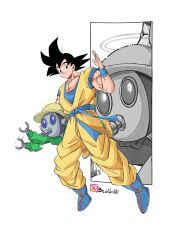  2boys absurdres beatlo_(rodrigo38658978) black_hair blue_boots blue_sash blue_shirt blue_wrist_cuffs boots carrying carrying_person dougi dragon_ball dragon_ball_z gas_mask halo highres mask multiple_boys orange_pants orange_shirt pants sash shirt simple_background son_goku spiky_hair toriyama_akira_(character) white_background wrist_cuffs yellow_halo 