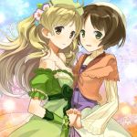  atelier_(series) atelier_ayesha ayesha_altugle bare_shoulders blonde_hair blush brown_hair buntan green_eyes hand_holding holding_hands interlocked_fingers long_hair looking_at_viewer multiple_girls nio_altugle short_hair smile yellow_eyes 