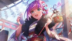  1girl :o ahoge arrow_(projectile) bell black_fur blue_eyes blue_sky blunt_bangs blurry blurry_background blush chinese_zodiac date_akari date_akari_(good_luck_on_the_clear_winter) day downturned_eyes ema fingernails floral_print floral_print_kimono floral_print_sash flower fur-trimmed_kimono fur_trim furisode hair_bun hair_flower hair_ornament hamaya hands_up hatsumoude heaven_burns_red highres holding holding_arrow holding_omikuji huge_ahoge japanese_clothes jingle_bell kanzashi kimono long_sleeves looking_at_object multicolored_hair new_year official_alternate_costume official_alternate_hairstyle official_art omikuji open_mouth outdoors print_kimono print_sash purple_hair purple_streaks red_flower red_sash sash shrine sidelighting sidelocks single_hair_bun sky snake_print solo sparkle streaked_hair sunlight surprised teeth torii translated upper_body upper_teeth_only white_flower white_kimono wide_sleeves year_of_the_snake 