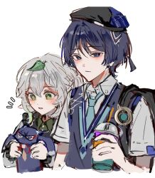  1boy 1girl alternate_hairstyle animal animalization aqua_gem aqua_trim arm_at_side asymmetrical_sidelocks backpack bag beret black_bag black_dress black_hair black_hat blue_necktie blue_trim blunt_ends blush braid cat closed_mouth collared_shirt commentary_request contemporary cropped_torso cross-shaped_pupils cup disposable_cup dress drinking_straw eyelashes feathers gem genshin_impact green_eyes green_hair green_shirt grey_hair grey_pupils grey_sweater_vest hair_between_eyes half_up_braid hand_up hat height_difference highres holding holding_animal holding_cat holding_cup innagaja korean_commentary leaf leaf_on_head long_hair long_sleeves looking_at_animal looking_at_viewer multicolored_hair nahida_(genshin_impact) necktie notice_lines official_alternate_costume open_mouth person_and_animalization pointy_ears pom_pom_(clothes) purple_cat scaramouche_(cat)_(genshin_impact) scaramouche_(genshin_impact) school_uniform shirt short_sleeves sidelocks sketch streaked_hair sweater_vest symbol-shaped_pupils tareme tsurime undershirt violet_eyes vision_(genshin_impact) wanderer_(genshin_impact) wanderer_(mega_mgc_coffee)_(genshin_impact) white_background white_shirt white_sleeves wing_collar wispy_bangs yellow_feathers 