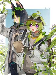  1boy 1girl :d ahoge animal_ear_fluff animal_ears artist_name backpack bag black_gloves black_hair black_pants blue_background blunt_ends blush bob_cut border branch bright_pupils brown_bag brown_eyes brown_hoodie brown_sweater closed_mouth coat collei_(genshin_impact) collei_(kiehls')_(genshin_impact) commentary_request crossed_bangs eyelashes eyewear_on_head fingerless_gloves fox_boy fox_ears genshin_impact gloves goggles goggles_around_neck green_eyes green_hair green_jacket green_shirt hair_between_eyes hair_ornament hand_up highres holding holding_paper holding_pencil hood hood_down hoodie jacket jewelry lapels leaf leaf_hair_ornament long_sleeves looking_at_viewer medium_hair mugi_(kyom_ugi) multicolored_eyes multicolored_hair necklace official_alternate_costume open_clothes open_coat open_jacket open_mouth outside_border pants paper pencil puffy_long_sleeves puffy_sleeves rope shirt short_hair smile standing streaked_hair sunglasses sweater tighnari_(genshin_impact) tighnari_(kiehls')_(genshin_impact) turtleneck turtleneck_sweater twitter_username two-tone_eyes violet_eyes visor_cap watermark white_border white_coat white_gloves white_pupils zipper zipper_pull_tab 