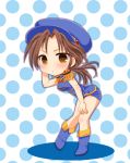  blush brown_eyes brown_hair chibi hand_on_own_head hat idolmaster idolmaster_cinderella_girls kawashima_mizuki leaning long_hair masuyama_kei ponytail solo 