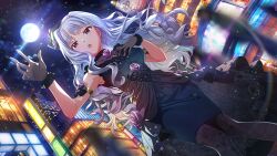  1girl blue_dress breasts card_commentary city commentary_request dress dress_flower dutch_angle earrings flower from_below full_moon game_cg gloves grey_gloves idolmaster idolmaster_(classic) idolmaster_million_live! idolmaster_million_live!_theater_days jewelry long_hair looking_at_viewer moon night official_alternate_costume official_art open_mouth outdoors pencil_dress pink_eyes purple_flower shijou_takane sleeveless sleeveless_dress solo third-party_source white_hair 