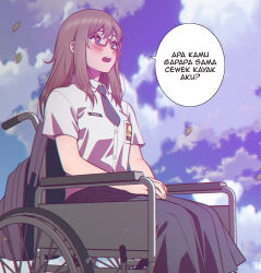 1girl andrian_januar_adilia bag blue_eyes blue_sky blush breast_pocket brown_hair character_name clouds commentary_request difa_ayushita_ayana dress_shirt falling_leaves from_side glasses grey_necktie grey_skirt highres indonesian_commentary indonesian_high_school_uniform indonesian_text leaf looking_afar looking_ahead name_tag necktie open_mouth outdoors pocket polka_dot romansa_&amp;_difabel school_bag school_uniform shirt short_sleeves sitting skirt sky solo speech_bubble tareme translated wheelchair white_shirt 
