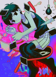  1boy absurdres antenna_hair ball bare_arms bare_shoulders baseball_bat beachball black_eyes black_hair black_socks black_tank_top bread bread_slice closed_mouth collarbone colored_skin commentary_request double-parted_bangs empty_eyes fingernails food fruit frying_pan full_body hair_behind_ear hair_between_eyes hand_up highres jam jump_rope kitchen_knife knife light_bulb looking_at_viewer lying male_focus menma_(enaic31) midriff_peek no_pupils omori omori_(omori) on_side over-kneehighs photo_(object) romaji_text short_hair shorts signature simple_background socks solo something_(omori) spoilers striped_clothes striped_shorts tank_top thigh-highs translated vertical-striped_clothes vertical-striped_shorts watermelon white_shorts white_skin 