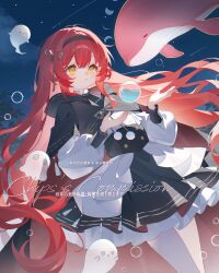  1girl absurdres animal black_hairband blush bow bubble cape circle closed_mouth commission eyelashes ghost hair_between_eyes hair_bow hair_ornament hairband highres lai_diandian_dian_shu_tiao long_hair looking_at_animal mihuashi_commission night original outdoors red_hair sky solo two-sided_cape two-sided_fabric very_long_hair watermark whale yellow_eyes 