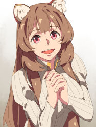  1girl :d animal_ear_fluff animal_ears blunt_bangs breasts brown_background brown_hair chiharu_(9654784) collared_dress commentary_request double-parted_bangs dress gradient_background hands_up high_collar highres impossible_clothes impossible_dress large_breasts long_hair long_sleeves looking_at_viewer open_collar own_hands_together pink_eyes raccoon_ears raccoon_girl raphtalia sharp_chin smile solo straight_hair tate_no_yuusha_no_nariagari tearing_up teeth tongue upper_body upper_teeth_only variant_set white_background white_dress 