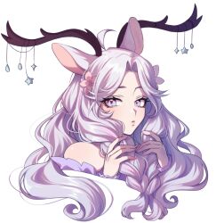  1girl \||/ aegyo_sal ahoge animal_ears antlers bare_shoulders blue_eyes blush braid braided_sidelocks closed_mouth commentary commission cropped_shoulders curtained_hair deer_antlers deer_ears deer_girl double_\||/ english_commentary expressionless eyelashes eyes_visible_through_hair flower forehead grey_hair hair_flower hair_ornament hands_up holding holding_own_hair horns light_frown lips long_hair long_sleeves looking_at_viewer low_twin_braids multicolored_eyes nail_polish off-shoulder_shirt off_shoulder original parted_bangs pink_eyes pink_flower pink_nails purple_shirt sasucchi95 shirt simple_background solo star_(symbol) tsurime twin_braids two-tone_eyes wavy_hair white_background 