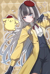  1girl absurdres beret black_gloves black_hair black_shorts blue_eyes checkered_background coat gloves grey_hair hat heart highres hololive hololive_dev_is juufuutei_raden long_hair multicolored_hair pompompurin sanrio shintakumin shorts sparkle two-tone_hair virtual_youtuber yellow_coat 