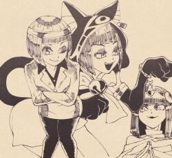  1girl animal_ears animal_hands animal_hood bandages blunt_bangs blunt_ends cat_ears cat_girl cat_hood cat_tail collared_shirt crossed_arms elbow_gloves eyeshadow full_body gloves greyscale half-closed_eyes hood hood_up inkerton-kun jacket leaning_forward lipstick long_sleeves looking_at_viewer makeup menat monochrome multiple_views mummy_costume office_lady open_mouth pantyhose paw_gloves pencil_skirt shirt short_hair skirt skirt_suit smile street_fighter suit suit_jacket tail 
