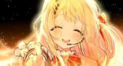  1girl :d ^_^ aimi_(mimi_nii2) backlighting black_background black_trim blonde_hair blush bow bowtie closed_eyes dot_nose eyes_visible_through_hair facing_viewer foreshortening frilled_sailor_collar frilled_shirt frilled_sleeves frills hair_bow hair_ornament hand_up hashtag-only_commentary highres hololive hololive_dev_is index_finger_raised light_particles long_hair long_sleeves musical_note musical_note_hair_ornament one_side_up open_mouth otonose_kanade otonose_kanade_(1st_costume) pointing pointing_at_viewer portrait reaching reaching_towards_viewer red_bow red_bowtie round_teeth sailor_collar shirt sidelocks simple_background smile solo straight-on swept_bangs teeth tongue white_sailor_collar white_shirt white_trim 