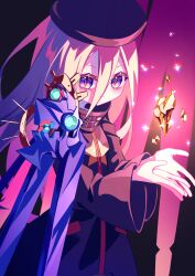  1girl absurdres armor beret coat commentary_request crystal cupping_hands from_side hair_between_eyes hat highres kuronohanpen long_hair long_hair_between_eyes long_sleeves looking_at_object own_hands_together pauldrons purple_coat purple_hair purple_hat sekaiju_no_meikyuu sekaiju_no_meikyuu_3 shoulder_armor single_pauldron solo star_(symbol) star_print turtleneck_coat upper_body violet_eyes zodiac_(sekaiju) zodiac_2_(sekaiju) 