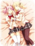  blonde_hair border breasts closed_eyes drill_hair eyes_closed hair_ornament hair_ribbon hand_holding holding_hands kaname_madoka large_breasts lying mahou_shoujo_madoka_magica mikecha multiple_girls on_back on_bed on_side pantyhose pink_hair plaid plaid_skirt pleated_skirt ribbon school_uniform short_twintails skirt thigh-highs thighhighs tomoe_mami twin_drills twintails white_legwear yellow_eyes zettai_ryouiki 