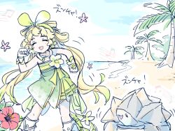  1girl bare_shoulders beamed_eighth_notes blonde_hair blue_sky closed_eyes commentary_request dancing day dress facing_viewer fingerless_gloves gloves green_dress hachikuma_z hand_up highres long_hair musical_note open_mouth outdoors shore sky smile solo tacet_mark_(wuthering_waves) translation_request verina_(wuthering_waves) white_gloves wuthering_waves 