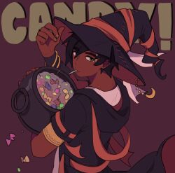  1boy absurdres adjusting_clothes adjusting_headwear alternate_costume animification black_coat black_hair black_hat candy cauldron coat cole_(ninjago) commentary dark-skinned_male dark_skin english_commentary english_text eyes_visible_through_hair food from_behind hair_between_eyes halloween halloween_bucket halloween_costume hand_up hat highres hood hood_down hooded_coat lollipop lollipop_in_mouth looking_at_viewer looking_back male_focus ninjago purple_background scar scar_on_face scar_on_forehead shirt short_sleeves simple_background solo text_background thick_eyebrows totototahano upper_body white_shirt witch witch-hat 