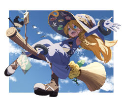 1girl blonde_hair blue_dress blue_eyes blue_gloves blue_hair blue_sky boots braid broom broom_riding commentary_request dress elbow_gloves gloves hair_between_eyes hat highres long_hair long_hair_between_eyes looking_afar looking_ahead original outdoors paid_reward_available side_braid sky smile solo tokumaro travel underbust witch_hat 