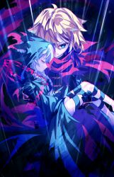  1boy 1girl absurdres ahoge alchemist_(sekaiju) bandaged_leg bandages black_cloak blonde_hair blue_eyes braid carrying cloak closed_eyes closed_mouth commentary_request curse_maker from_above grey_hair hair_between_eyes highres hood hood_up hooded_cloak kuronohanpen long_hair long_sleeves princess_carry red_pupils red_scarf scarf sekaiju_no_meikyuu short_hair standing torn_hood unconscious 