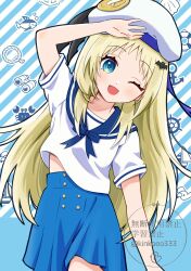  1girl ;d alternate_costume arm_at_side arm_up bat_hair_ornament beret black_ribbon blue_background blue_bow blue_eyes blue_sailor_collar blue_skirt blush bow commentary cowboy_shot fang grey_hair hair_ornament happy hat hat_ribbon high-waist_skirt highres little_busters! long_hair looking_at_viewer midriff_peek noumi_kudryavka one_eye_closed open_mouth piyo_(kinkooo333) pleated_skirt ribbon sailor_collar school_uniform serafuku shirt short_sleeves sidelocks simple_background skirt smile solo tareme twitter_username very_long_hair white_hat white_shirt 