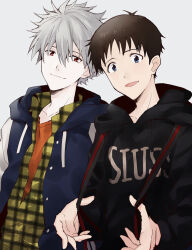  11kkr 2boys backpack bag black_hoodie blue_eyes brown_hair buttons collared_shirt commentary_request drawstring grey_hair hair_between_eyes holding_strap hood hood_down hoodie ikari_shinji jacket light_smile looking_at_viewer male_focus multiple_boys nagisa_kaworu neon_genesis_evangelion open_clothes open_jacket open_mouth red_eyes shirt short_hair simple_background undershirt upper_body white_background 