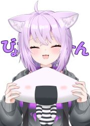  1girl :3 :d absurdres ahoge animal_ear_fluff animal_ears black_hoodie blush cat_ears cat_girl cat_tail closed_eyes commentary_request facing_viewer fang food hair_intakes highres hololive hololive_english hood hoodie kanzakiira0430 medium_hair nekomata_okayu nekomata_okayu_(1st_costume) onigiri onigirya_(nekomata_okayu) purple_hair simple_background smile solo stretching tail upper_body virtual_youtuber white_background 