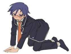  1boy all_fours black_jacket black_pants blue_eyes blue_hair blush chaos;child chirp_co2 dress_shirt embarrassed glasses jacket kneeling male_focus miyashiro_takuru necktie nervous_sweating pants red_necktie science_adventure shirt short_hair simple_background socks solo sweat white_socks 