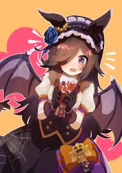  1girl absurdres animal_ears bat_wings black_gloves blue_flower blue_rose blush bow box brown_hair commentary_request fangs flipped_hair flower food frilled_hairband frills gloves hair_over_one_eye hairband halloween halloween_costume highres holding holding_box horse_ears horse_girl jack-o'-lantern_ornament long_hair looking_at_viewer official_alternate_costume open_mouth pocky puffy_short_sleeves puffy_sleeves purple_wings rice_shower_(umamusume) rice_shower_(vampire_makeover!)_(umamusume) rose shirt short_sleeves skirt smile solo spider_web_print umamusume violet_eyes white_shirt wings yamada_auto 
