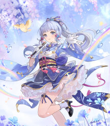  1girl absurdres alternate_costume black_shoes blue_bow blue_bowtie blue_eyes blue_hair blush bow bowtie chinese_commentary commentary_request eyelashes falling_petals folded_fan folding_fan frilled_sleeves frills genshin_impact gloves hair_ornament hand_fan highres holding holding_fan issign kamisato_ayaka long_hair long_sleeves looking_at_viewer mary_janes mole mole_under_eye musical_note obi open_mouth outstretched_arm petals ponytail rainbow sash shoes socks solo standing standing_on_one_leg tassel thigh_strap white_gloves white_socks wide_sleeves 