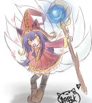  animal_ears candy fox_tail hand_on_back hat heart league_of_legends leaning_forward lollipop long_hair lulu_(league_of_legends) multiple_tails neko_baby pointy_ears purple_hair staff tail whiskers witch_hat yellow_eyes 