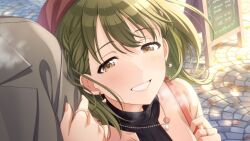  1boy 1girl arm_hug black_sweater blush braid brown_jacket commentary_request earrings fingernails floating_hair green_eyes green_hair hat heart heart_earrings hetero idolmaster idolmaster_shiny_colors jacket jewelry menu_board nanakusa_nichika necklace official_art outdoors red_hat ring smile sweater third-party_source 