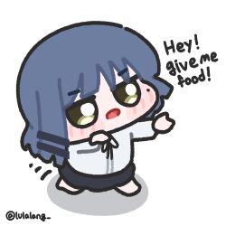  1girl black_skirt blue_hair bocchi_the_rock! chibi chibi_only commentary english_commentary english_text full_body green_eyes hair_ornament hairclip highres hungry jitome looking_at_viewer lulalang mole mole_under_eye open_mouth parallel_hairclips shirt short_hair simple_background skirt solo talking twitter_username white_background white_shirt yamada_ryo 